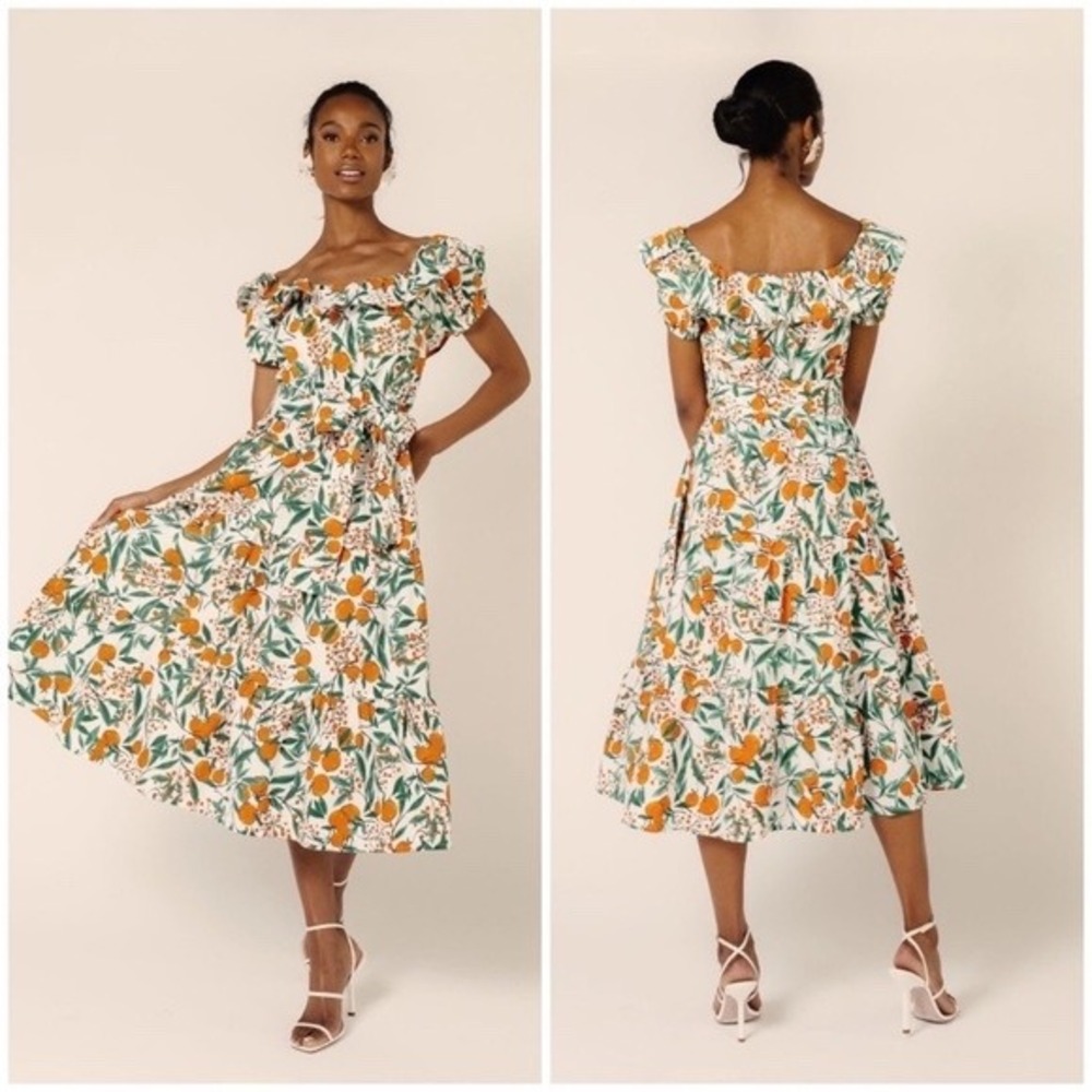 Rachel Parcell Sz 4 Orange Citrus‎ Floral Off Shoulder Midi Dress Cottagecore